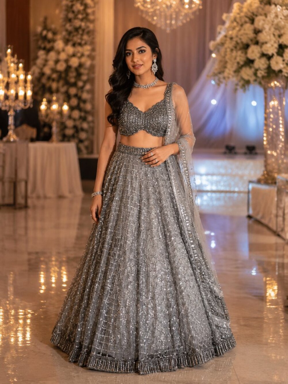 VVani By Vani Vats Elegant Silver Lehenga with Intricate Detailing